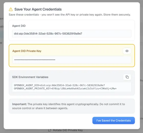 Save Your Agent Credentials dialog
